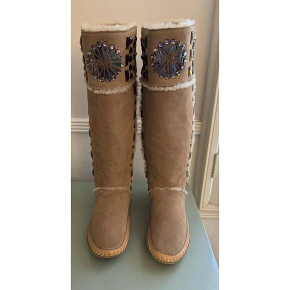 Tory Burch Crystal Tan ZuZu Embellished Suede Shearling Moccasin Talk Boots 7.5 - Picture 1 of 5